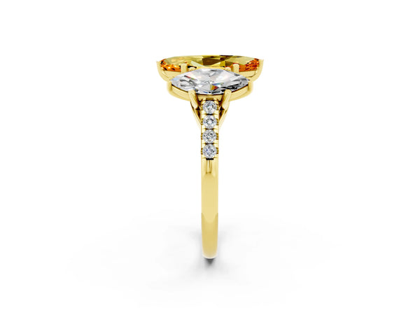Yellow gold Three-Stone Marquise Cut Citrine Ring with Round  Pavé Band and Prong Setting
