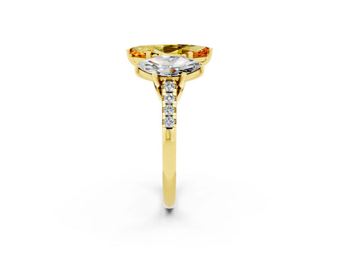 Yellow gold Three-Stone Marquise Cut Citrine Ring with Pavé Band and Prong Setting_14