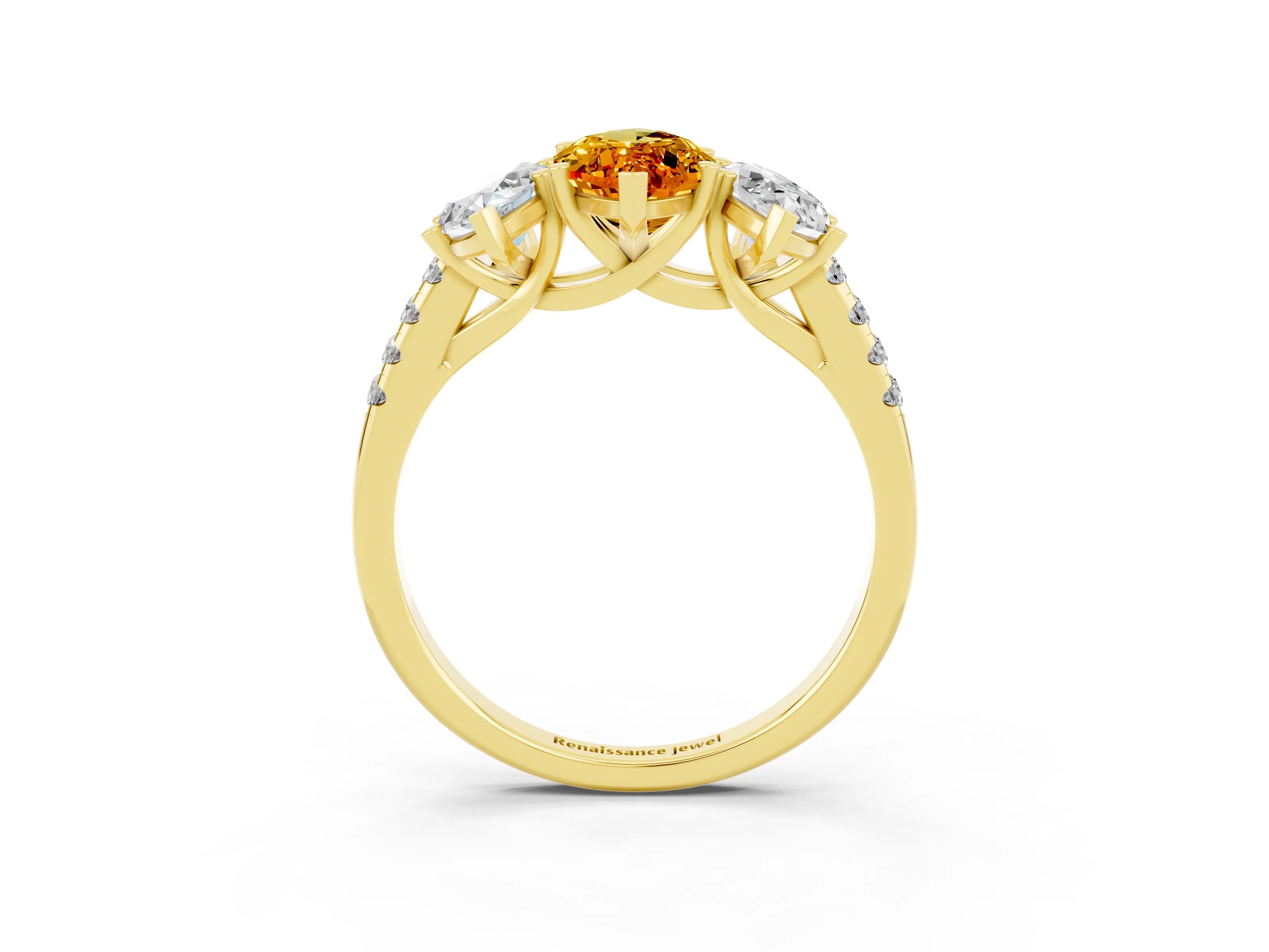 Yellow gold Three-Stone Marquise Cut Citrine Ring with Pavé Band and Prong Setting_15