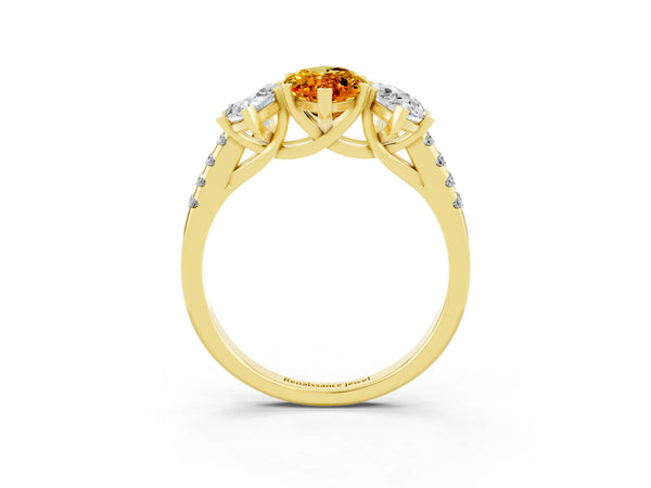 Yellow gold Three-Stone Marquise Cut Citrine Ring with Round  Pavé Band and Prong Setting