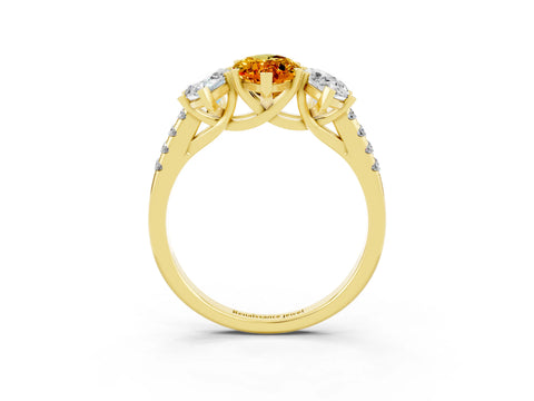 Yellow gold Three-Stone Marquise Cut Citrine Ring with Pavé Band and Prong Setting_15