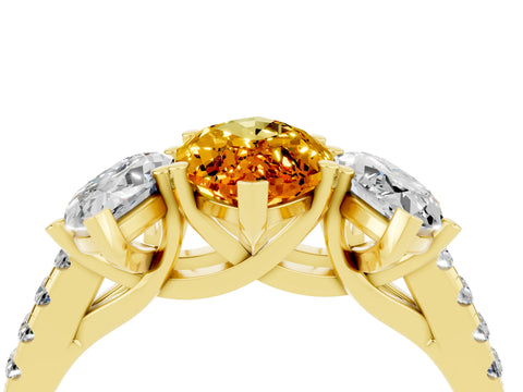Yellow gold Three-Stone Marquise Cut Citrine Ring with Pavé Band and Prong Setting_16