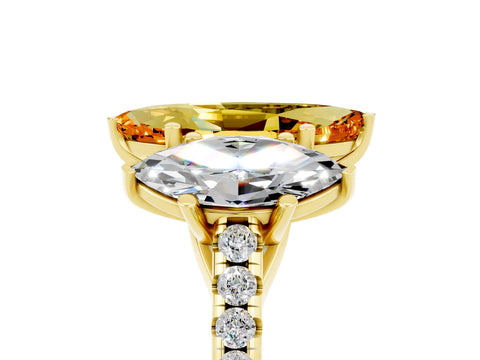 Yellow gold Three-Stone Marquise Cut Citrine Ring with Pavé Band and Prong Setting_17
