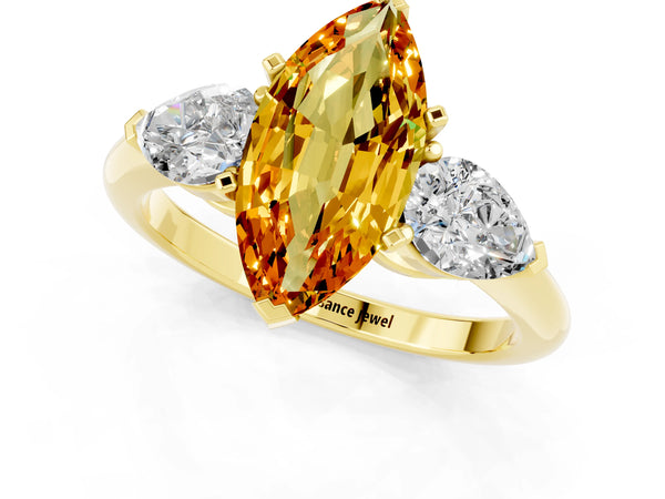 Yellow gold Three-Stone Marquise Cut Citrine Ring with Pear Side Stones and Four-Prong Setting