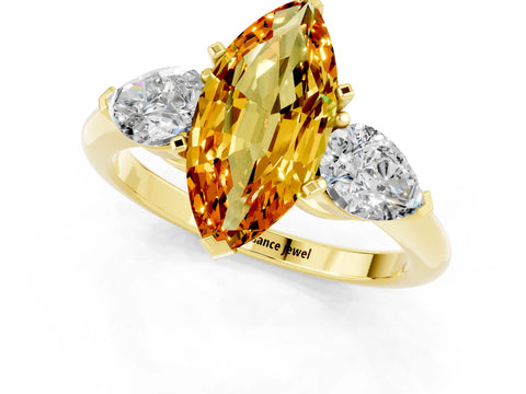 Yellow gold Three-Stone Marquise Cut Citrine Ring with Pear Side Stones and Four-Prong Setting_1