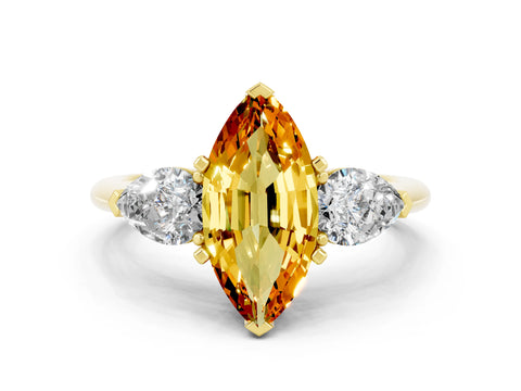Yellow gold Three-Stone Marquise Cut Citrine Ring with Pear Side Stones and Four-Prong Setting