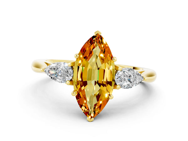 Yellow gold Three-Stone Marquise Cut Citrine Ring with Pear  Side Stones in Four-Prong Setting