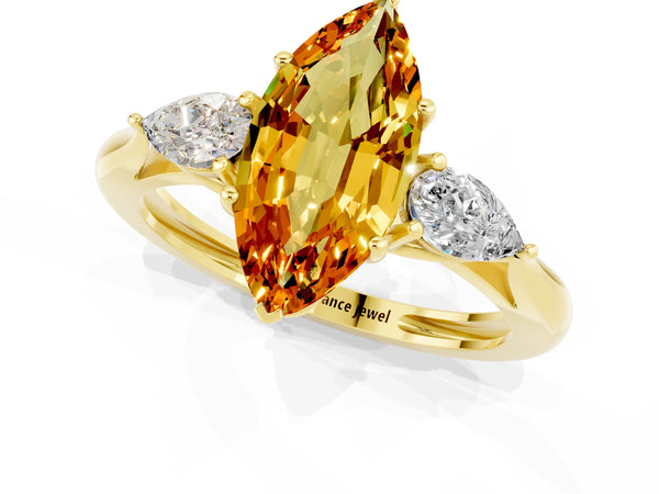 Yellow gold Three-Stone Marquise Cut Citrine Ring with Pear  Side Stones in Four-Prong Setting