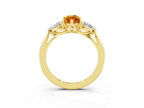 Yellow gold Three-Stone Marquise Cut Citrine Ring with Pear  Side Stones in Four-Prong Setting