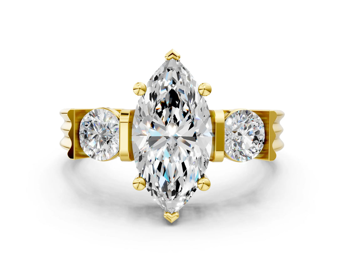 Yellow gold Three-Stone Marquise Cut Cut Classic Band Prong Setting Ring_3