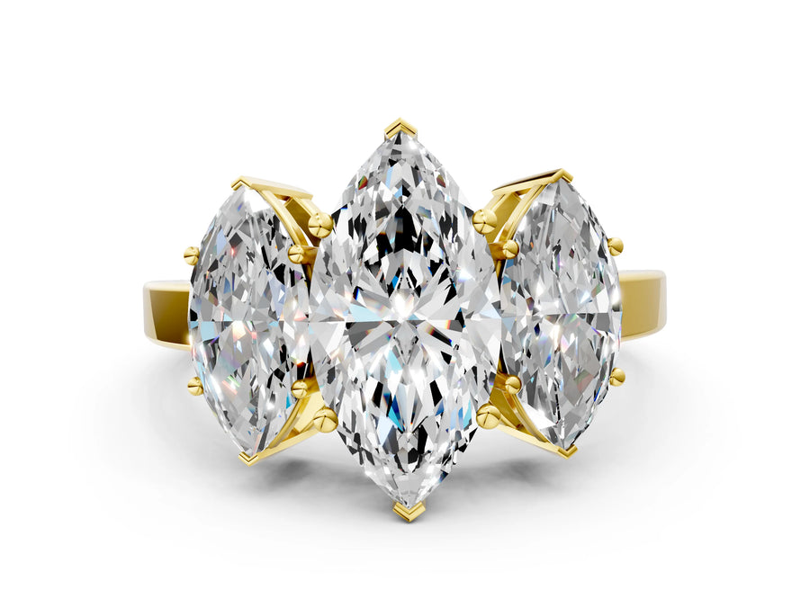 Yellow gold Three-Stone Marquise Cut Cut Diamond Engagement Ring with Flat Band and Four-Prong Setting