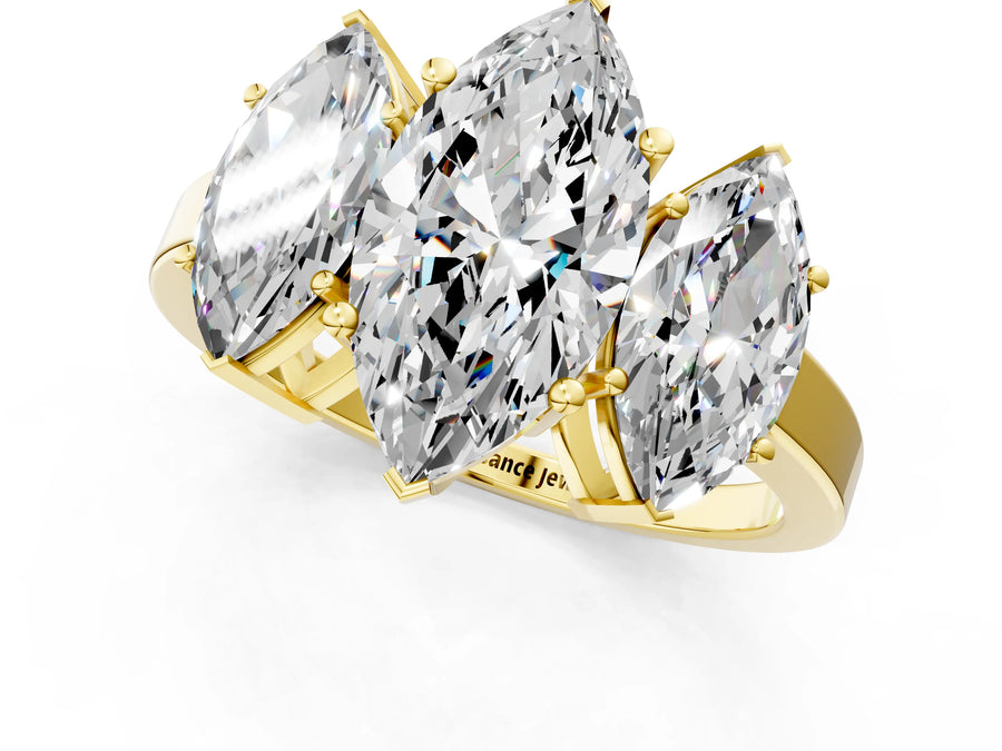 Yellow gold Three-Stone Marquise Cut Cut Diamond Engagement Ring with Flat Band and Four-Prong Setting