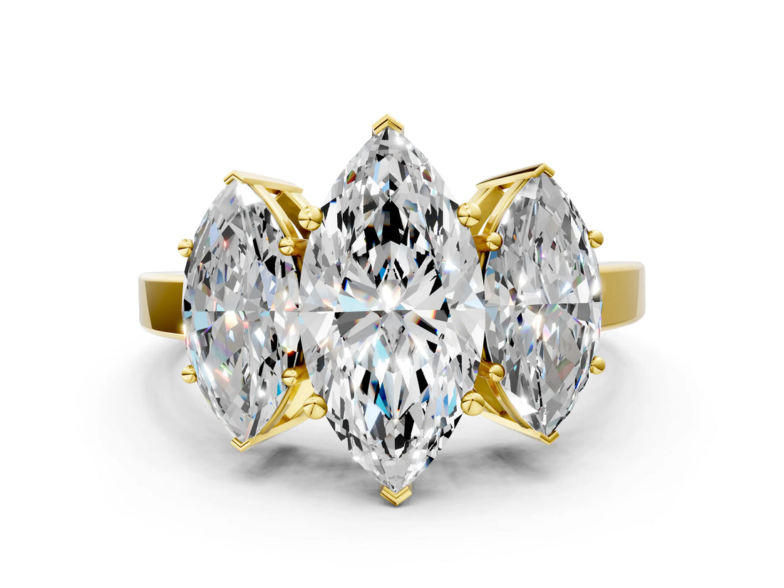 Yellow gold Three-Stone Marquise Cut Cut Diamond Engagement Ring with Flat Band and Four-Prong Setting_8