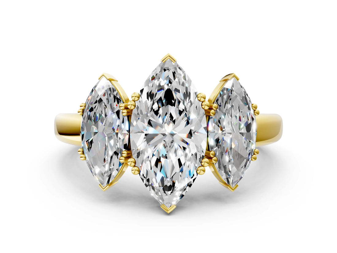 Yellow gold Three-Stone Marquise Cut Cut Diamond Ring with Channel Set Band and Four-Prong Setting_11