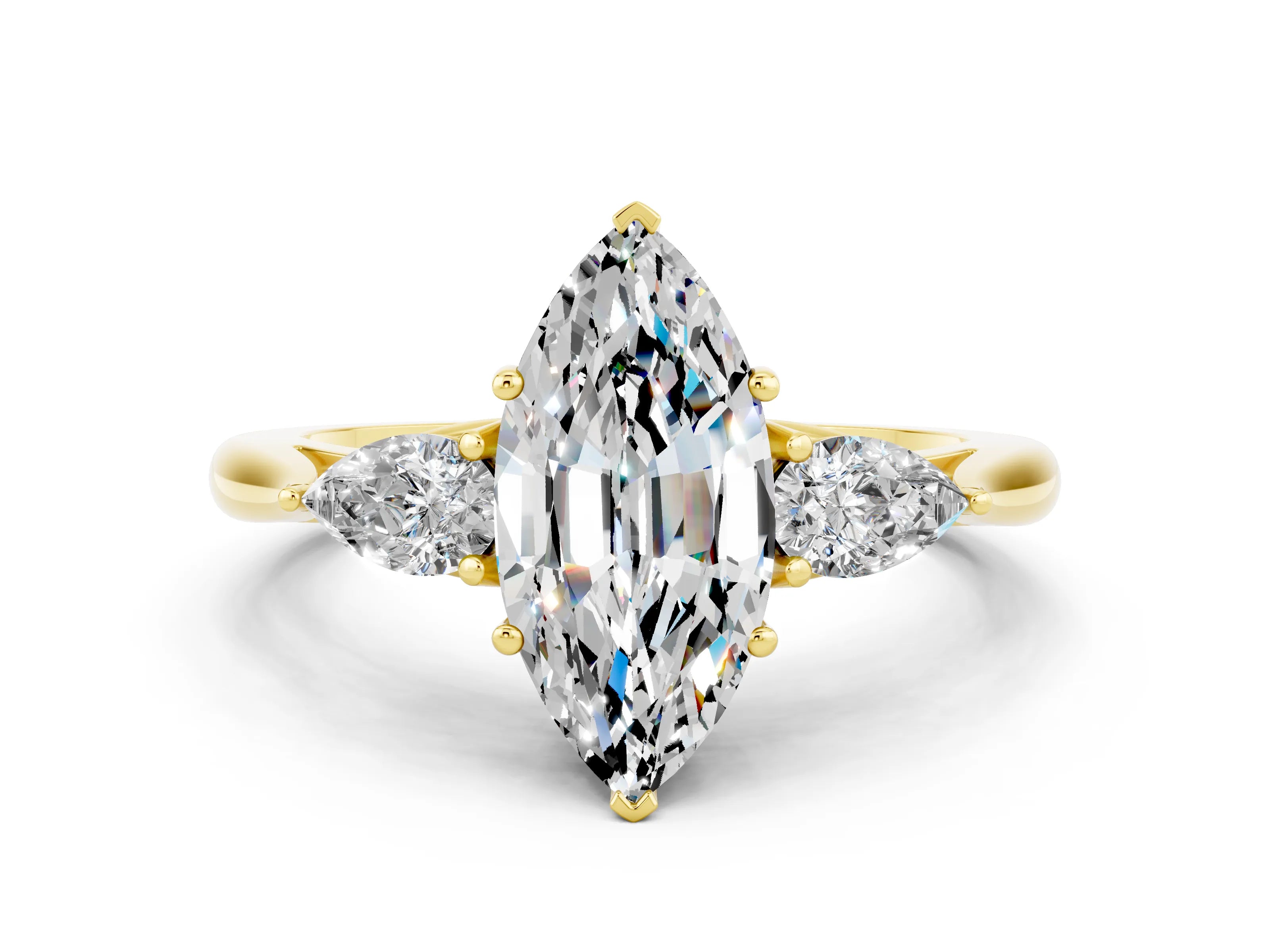 Yellow gold Three-Stone Marquise Cut Cut Diamond Ring with Pear Side Stones in Four-Prong Setting
