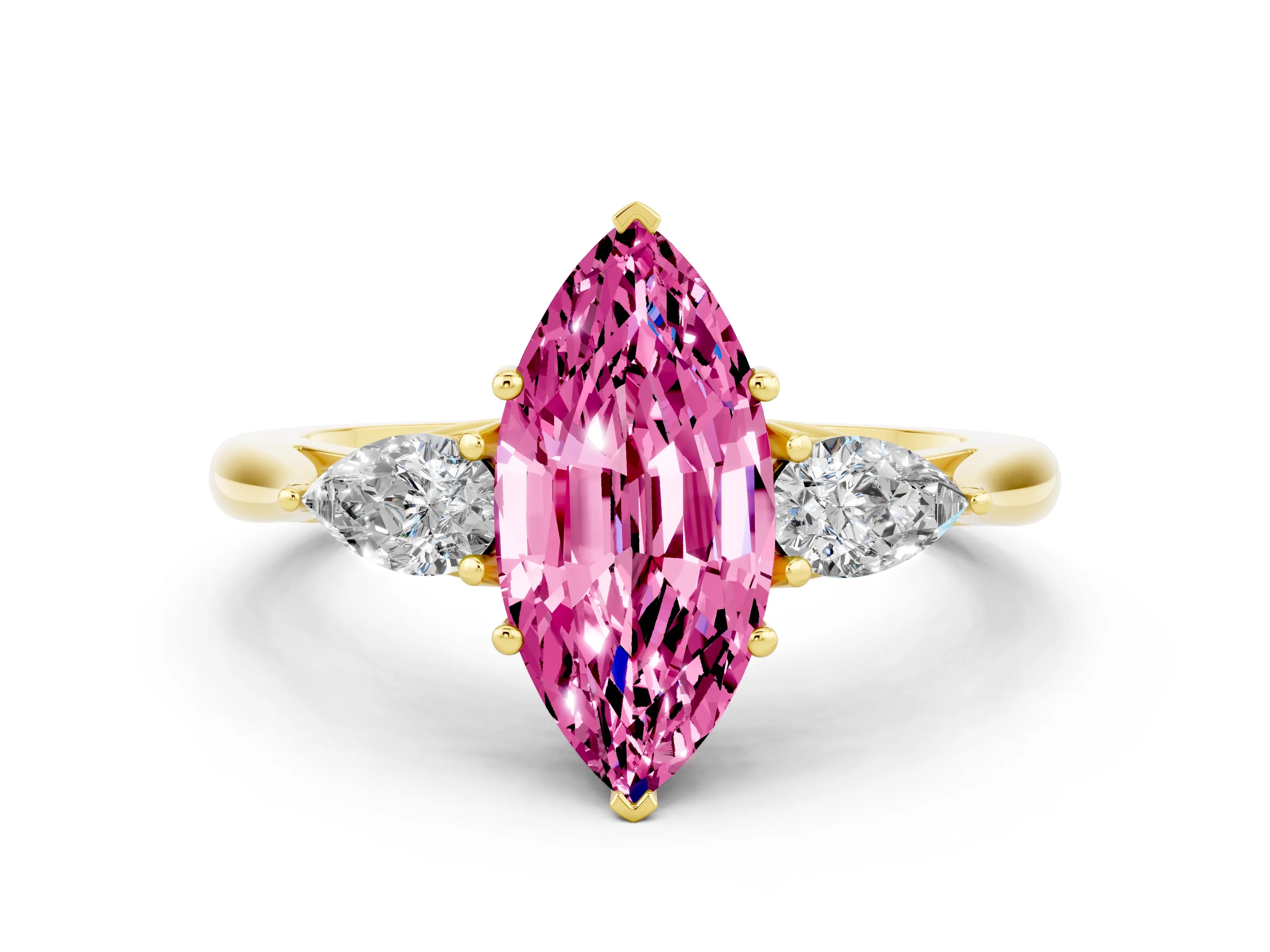 Yellow gold Three-Stone Marquise Cut Cut Diamond Ring with Pear Side Stones in Four-Prong Setting
