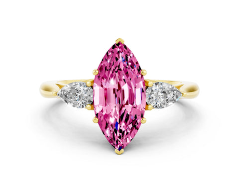 Yellow gold Three-Stone Marquise Cut Cut Diamond Ring with Pear Side Stones in Four-Prong Setting
