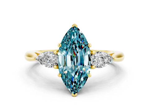 Yellow gold Three-Stone Marquise Cut Cut Diamond Ring with Pear Side Stones in Four-Prong Setting
