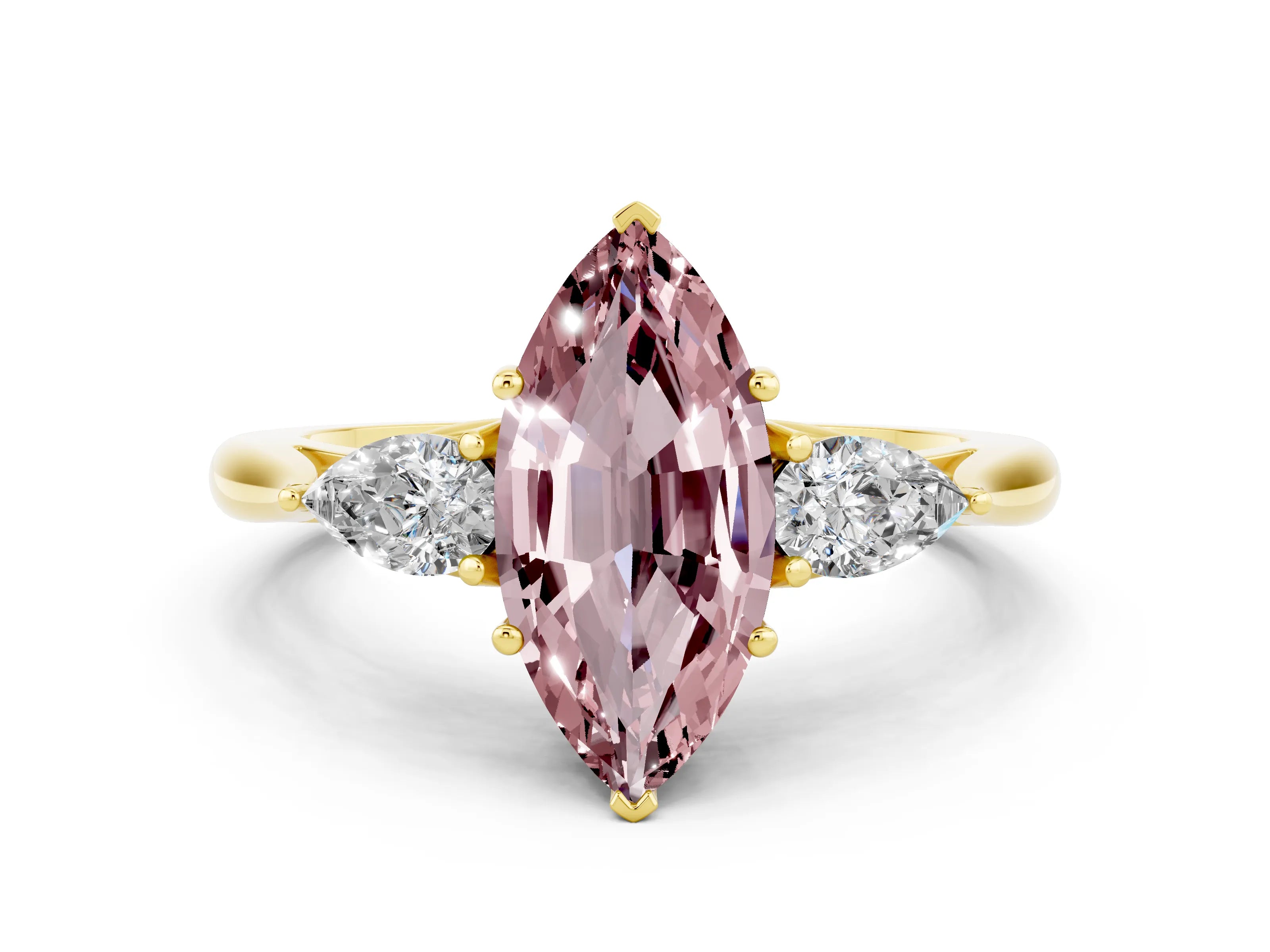 Yellow gold Three-Stone Marquise Cut Cut Diamond Ring with Pear Side Stones in Four-Prong Setting