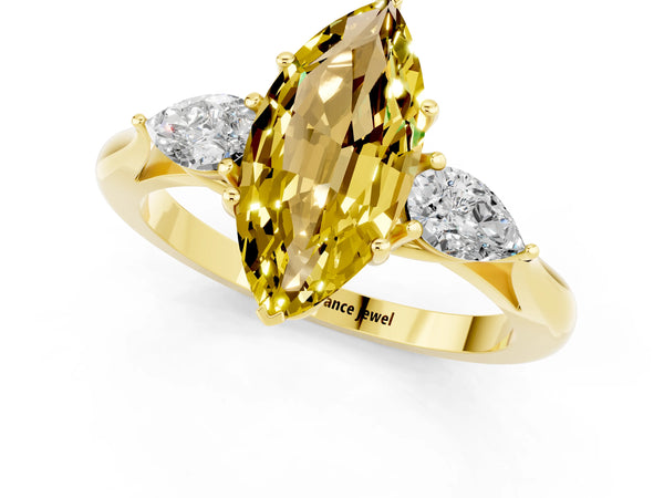 Yellow gold Three-Stone Marquise Cut Yellow Sapphire Ring with Pear  Side Stones in Four-Prong Setting