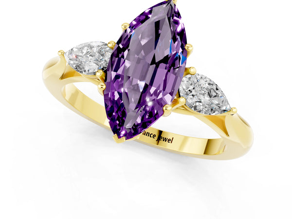 Yellow gold Three-Stone Marquise Cut Amethyst Ring with Pear  Side Stones in Four-Prong Setting