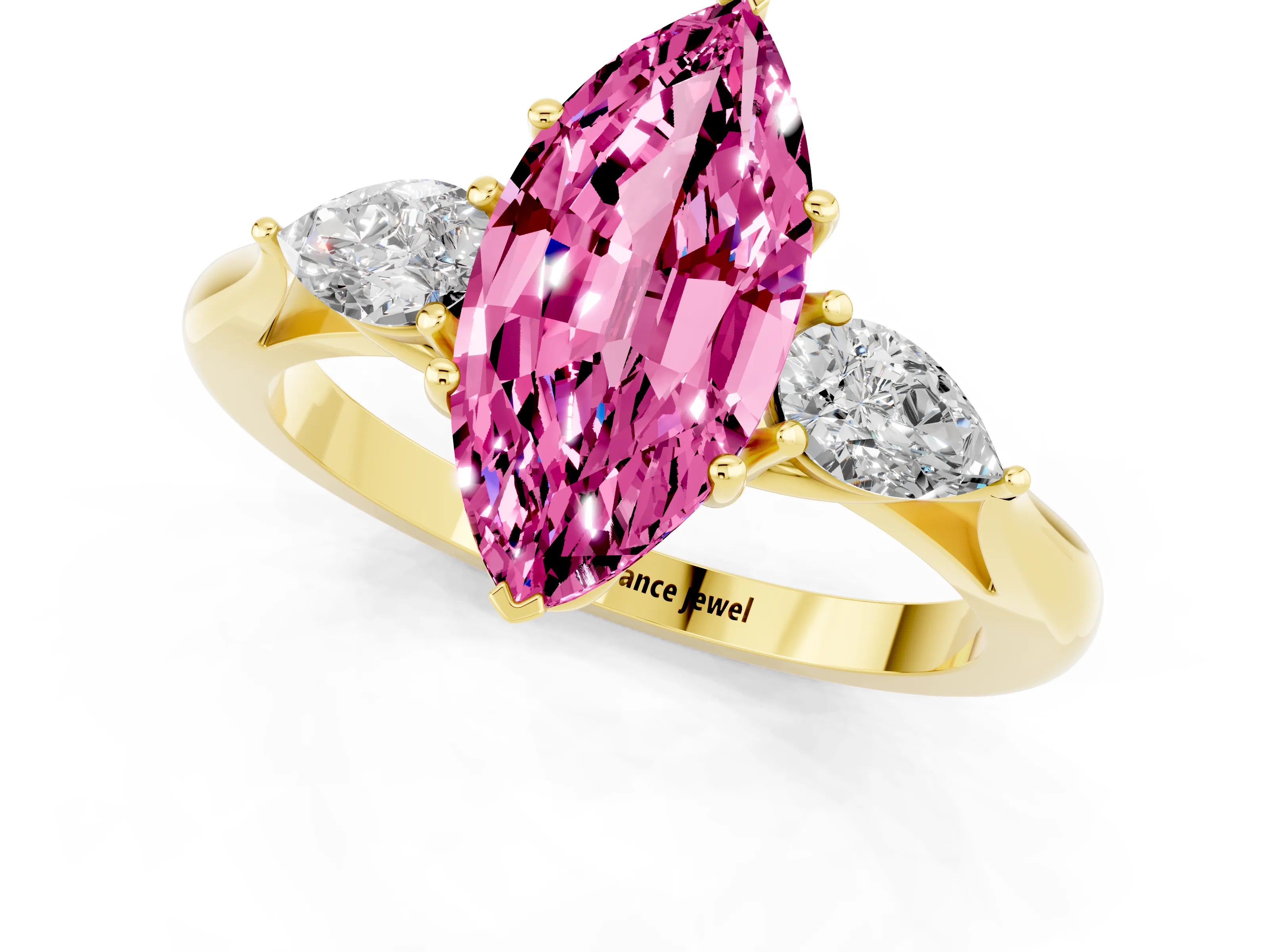 Yellow gold Three-Stone Marquise Cut Cut Diamond Ring with Pear Side Stones in Four-Prong Setting_1