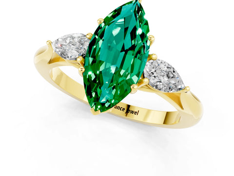 Yellow gold Three-Stone Marquise Cut Cut Diamond Ring with Pear Side Stones in Four-Prong Setting_1