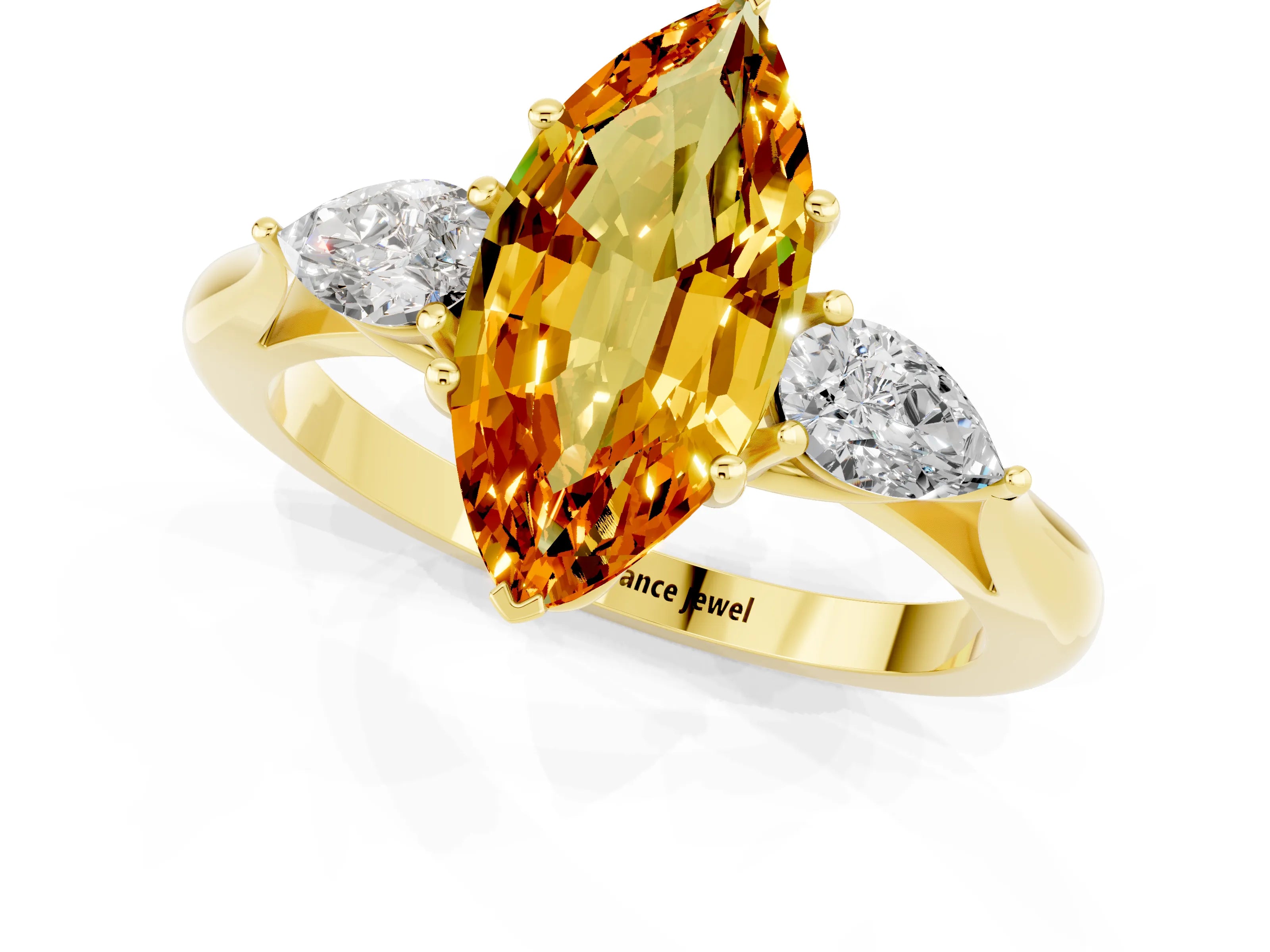 Yellow gold Three-Stone Marquise Cut Cut Diamond Ring with Pear Side Stones in Four-Prong Setting_1
