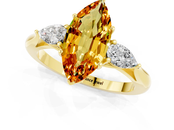 Yellow gold Three-Stone Marquise Cut Citrine Ring with Pear  Side Stones in Four-Prong Setting