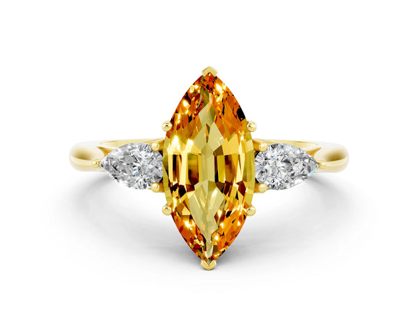 Yellow gold Three-Stone Marquise Cut Citrine Ring with Pear  Side Stones in Four-Prong Setting