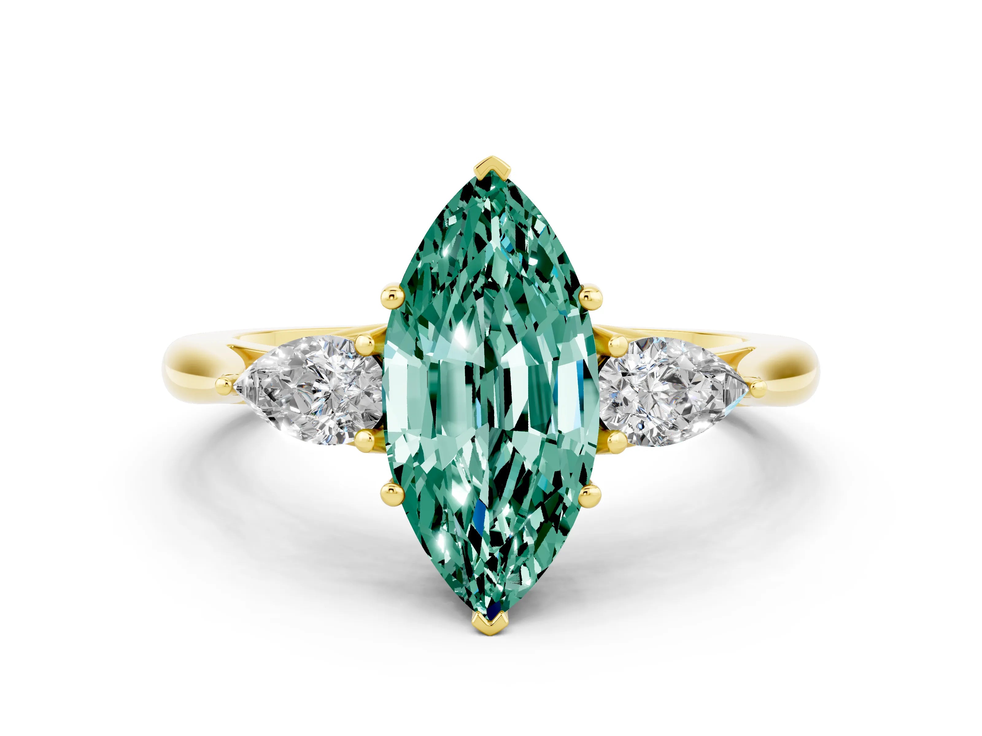 Yellow gold Three-Stone Marquise Cut Cut Diamond Ring with Pear Side Stones in Four-Prong Setting