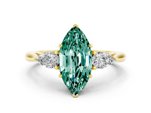 Yellow gold Three-Stone Marquise Cut Cut Diamond Ring with Pear Side Stones in Four-Prong Setting
