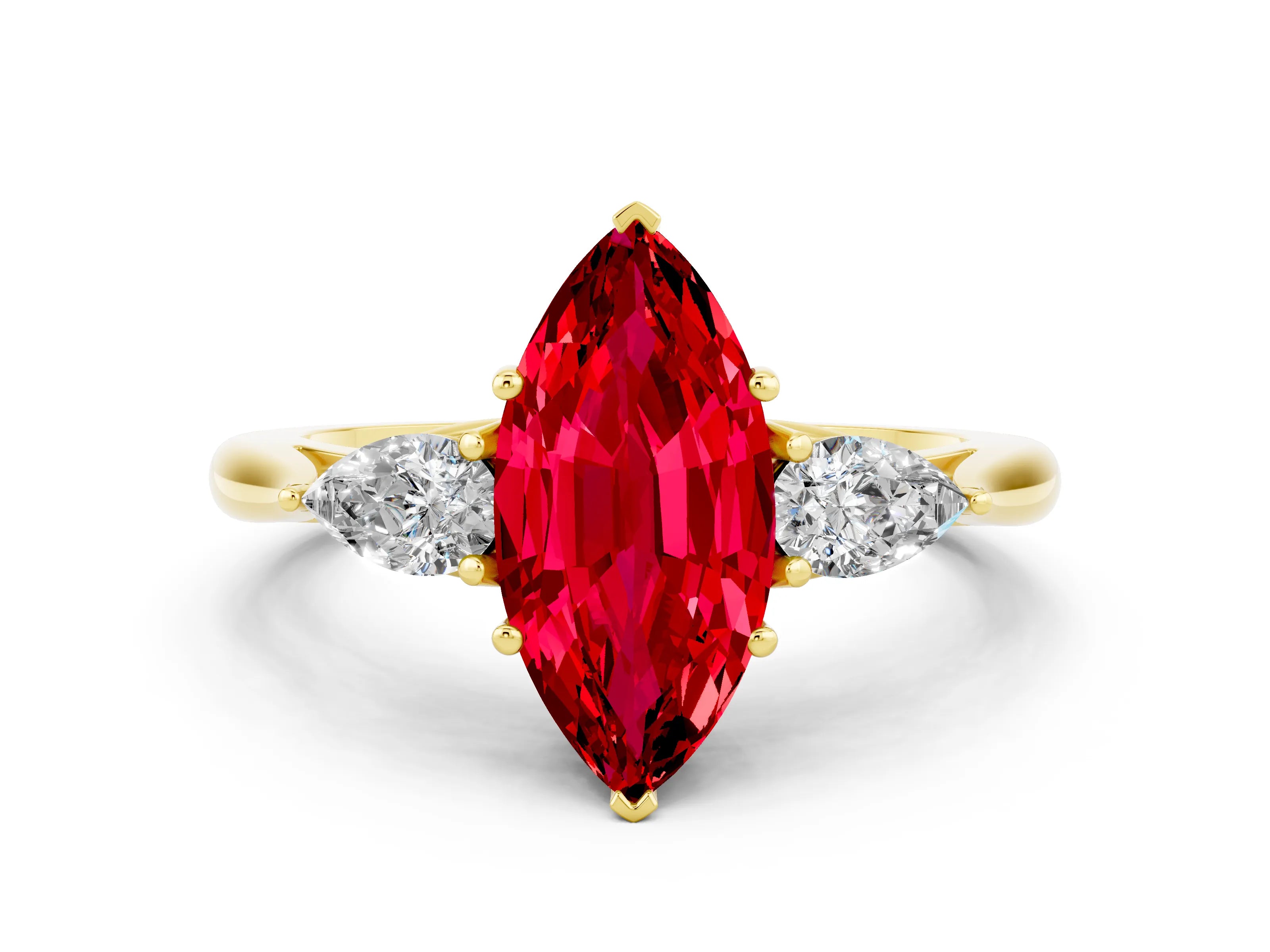 Yellow gold Three-Stone Marquise Cut Cut Diamond Ring with Pear Side Stones in Four-Prong Setting