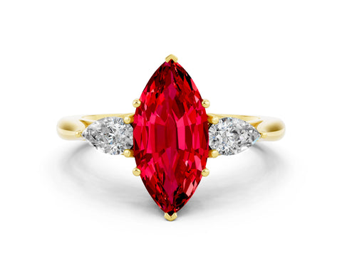 Yellow gold Three-Stone Marquise Cut Cut Diamond Ring with Pear Side Stones in Four-Prong Setting