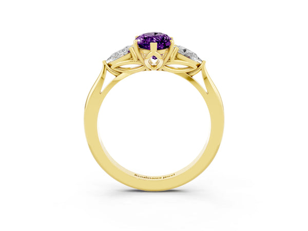 Yellow gold Three-Stone Marquise Cut Amethyst Ring with Pear  Side Stones in Four-Prong Setting
