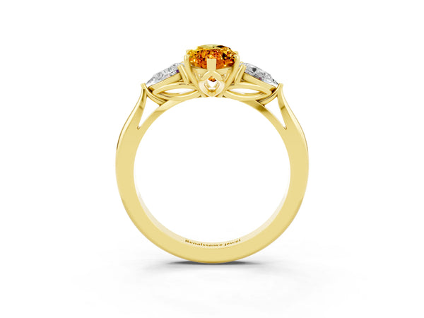 Yellow gold Three-Stone Marquise Cut Citrine Ring with Pear  Side Stones in Four-Prong Setting