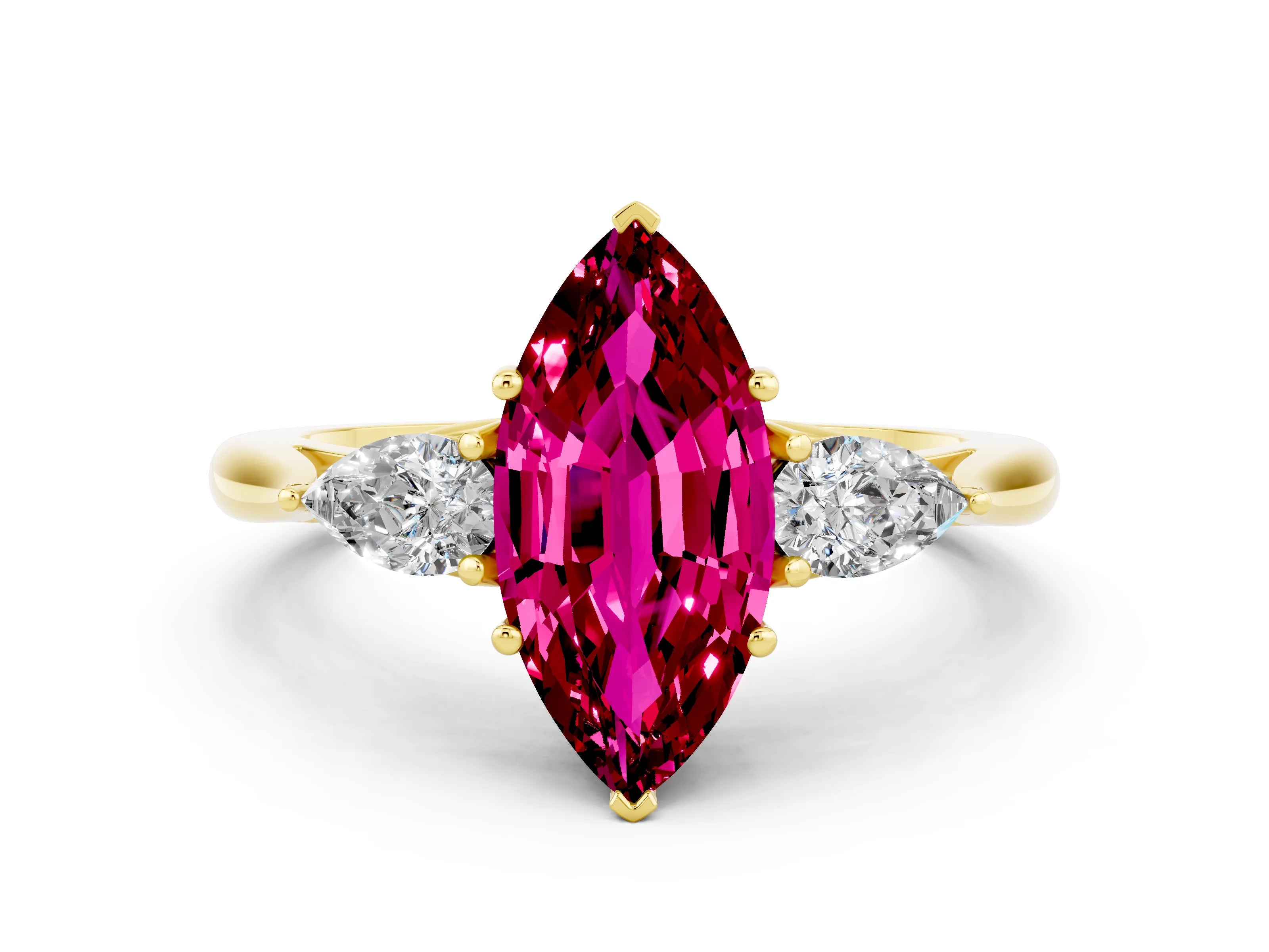 Yellow gold Three-Stone Marquise Cut Cut Diamond Ring with Pear Side Stones in Four-Prong Setting