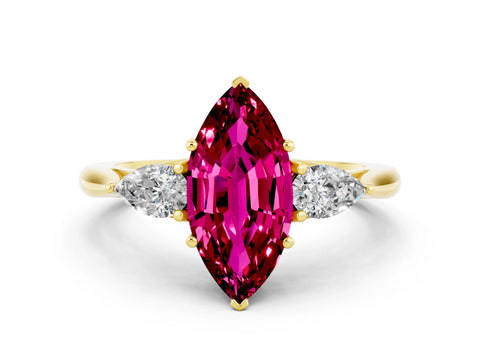 Yellow gold Three-Stone Marquise Cut Cut Diamond Ring with Pear Side Stones in Four-Prong Setting