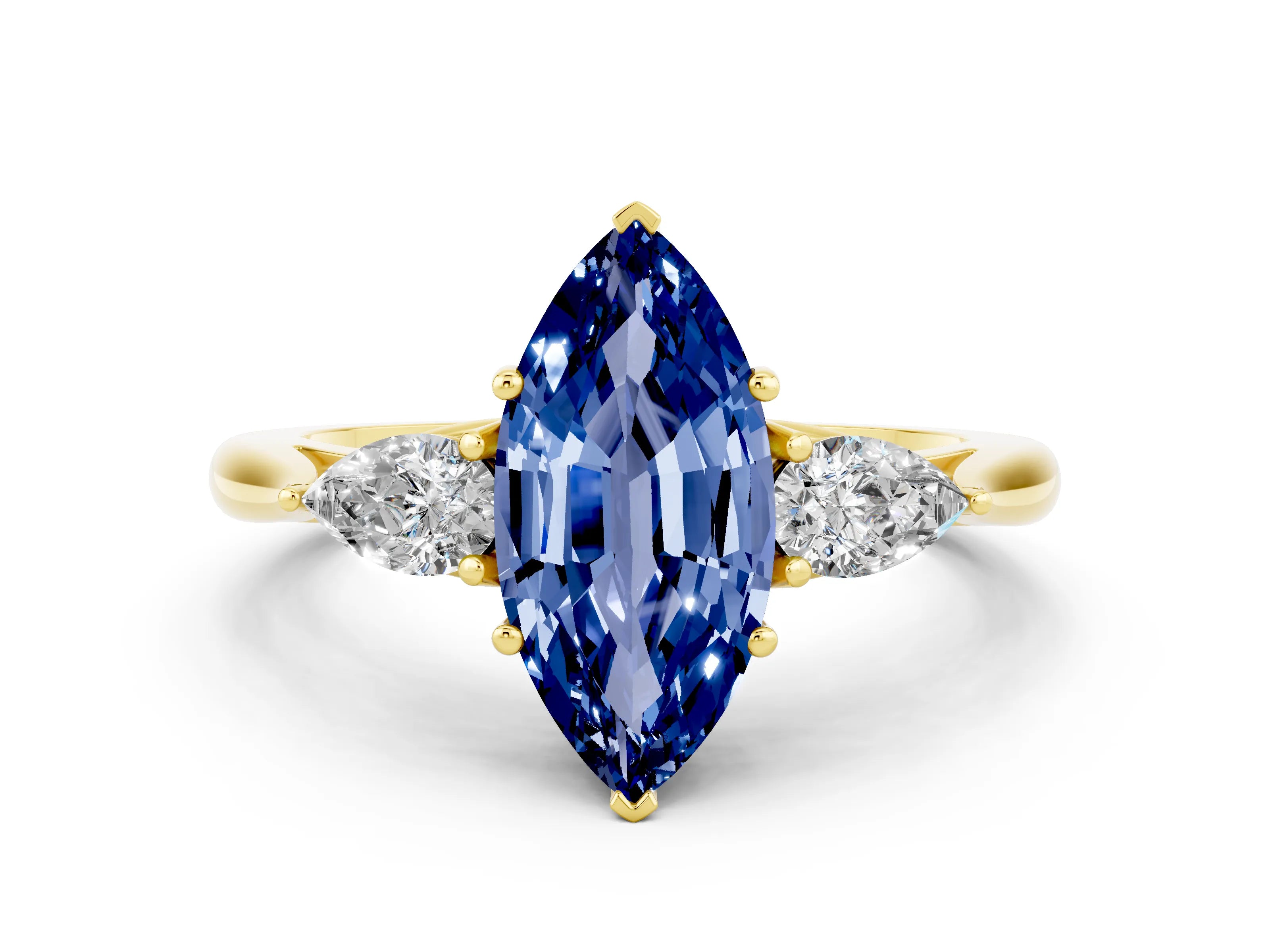 Yellow gold Three-Stone Marquise Cut Cut Diamond Ring with Pear Side Stones in Four-Prong Setting
