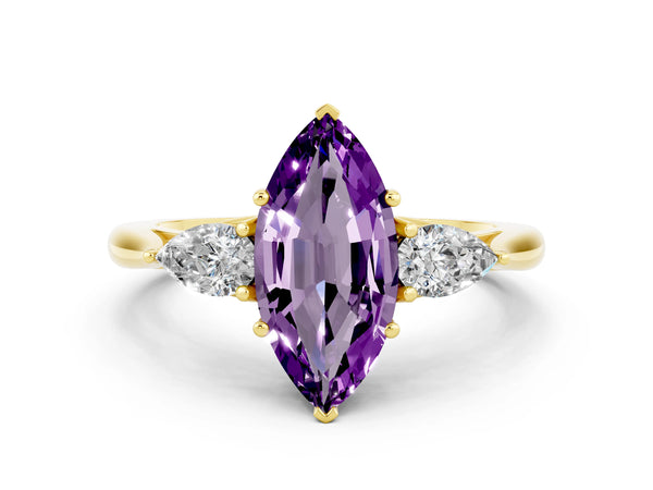 Yellow gold Three-Stone Marquise Cut Amethyst Ring with Pear  Side Stones in Four-Prong Setting