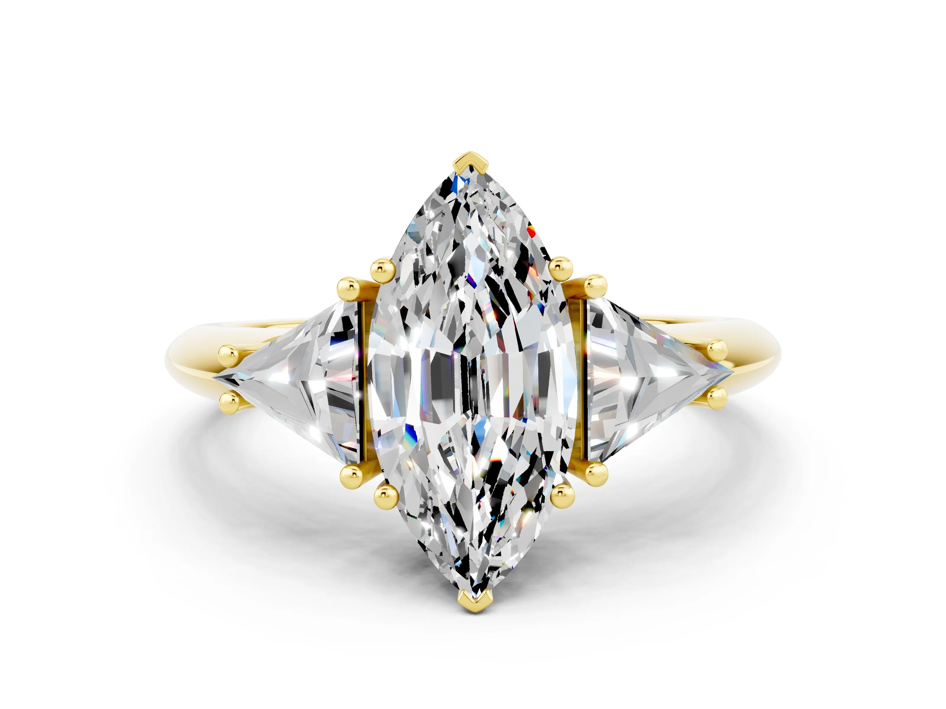Yellow gold Three-Stone Marquise Cut Cut Diamond Ring with Trillion Side Stones and Four-Prong Setting