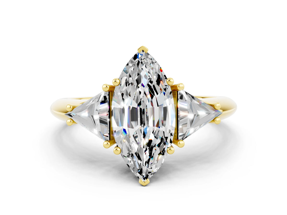 Yellow gold Three-Stone Marquise Cut Cut Diamond Ring with Trillion Side Stones and Four-Prong Setting