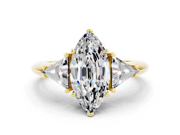 Yellow gold Three-Stone Marquise Cut Moissanite Engagement Ring with Trillion Side Stones and Prong Setting