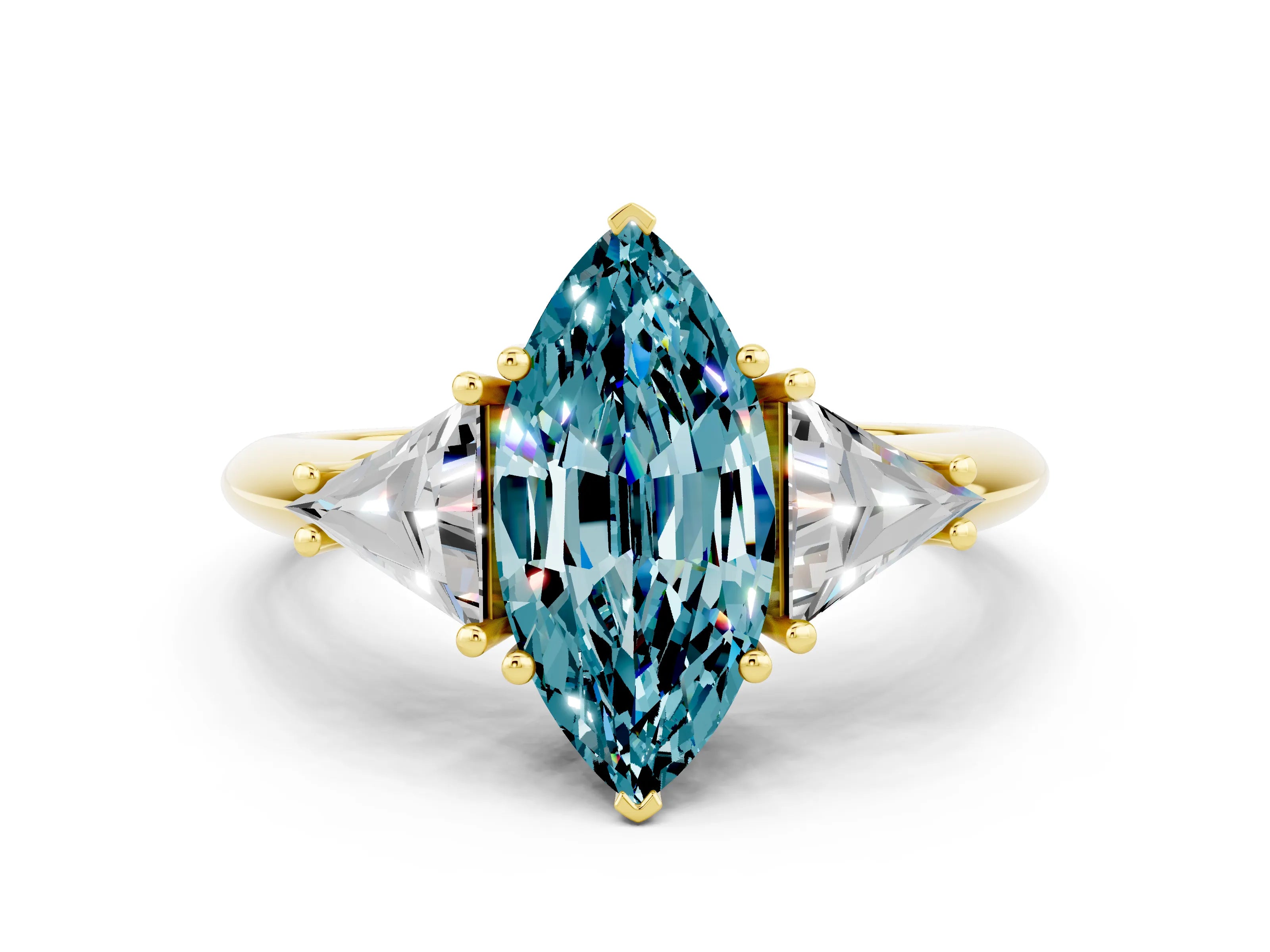 Yellow gold Three-Stone Marquise Cut Cut Diamond Ring with Trillion Side Stones and Four-Prong Setting