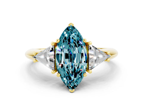 Yellow gold Three-Stone Marquise Cut Cut Diamond Ring with Trillion Side Stones and Four-Prong Setting