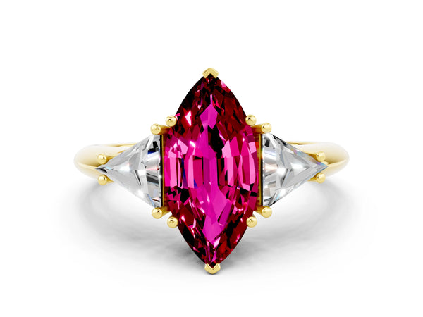 Yellow gold Three-Stone Marquise Cut Garnet Engagement Ring with Trillion Side Stones and Prong Setting