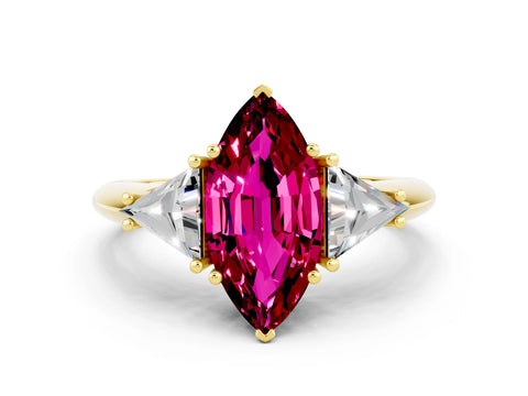 Yellow gold Three-Stone Marquise Cut Cut Diamond Ring with Trillion Side Stones and Four-Prong Setting