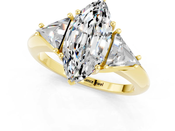 Yellow gold Three-Stone Marquise Cut Moissanite Engagement Ring with Trillion Side Stones and Prong Setting