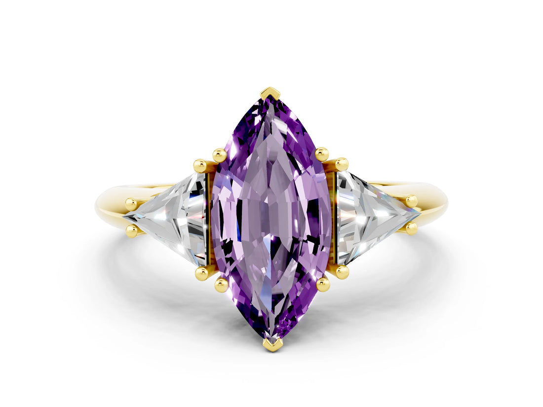 Yellow gold Three-Stone Marquise Cut Cut Diamond Ring with Trillion Side Stones and Four-Prong Setting