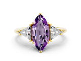 Yellow gold Three-Stone Marquise Cut Cut Diamond Ring with Trillion Side Stones and Four-Prong Setting